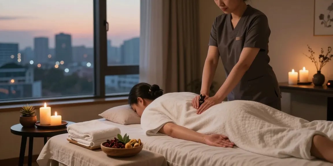 서울출장마사지 relaxation therapy session in serene hotel room with skilled therapist and essential oils