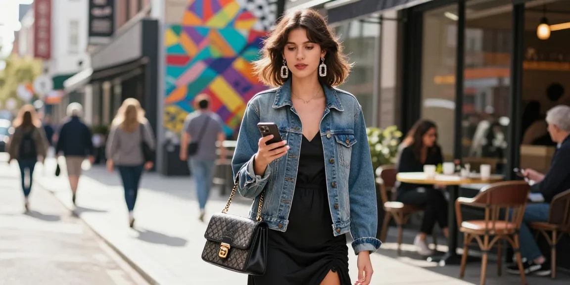 Fashion tips showcased in an urban scene with a stylish woman in a layered outfit, unique accessories, and vibrant street backdrop.