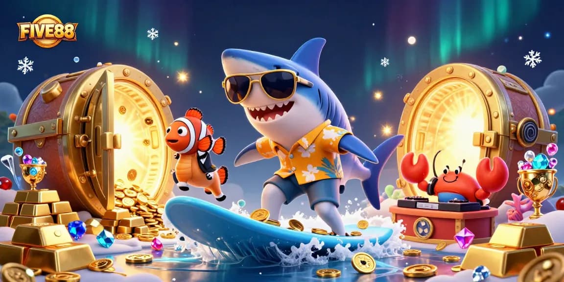 Join the fun at FIVE88 with a vibrant casino scene featuring animated characters and treasure.