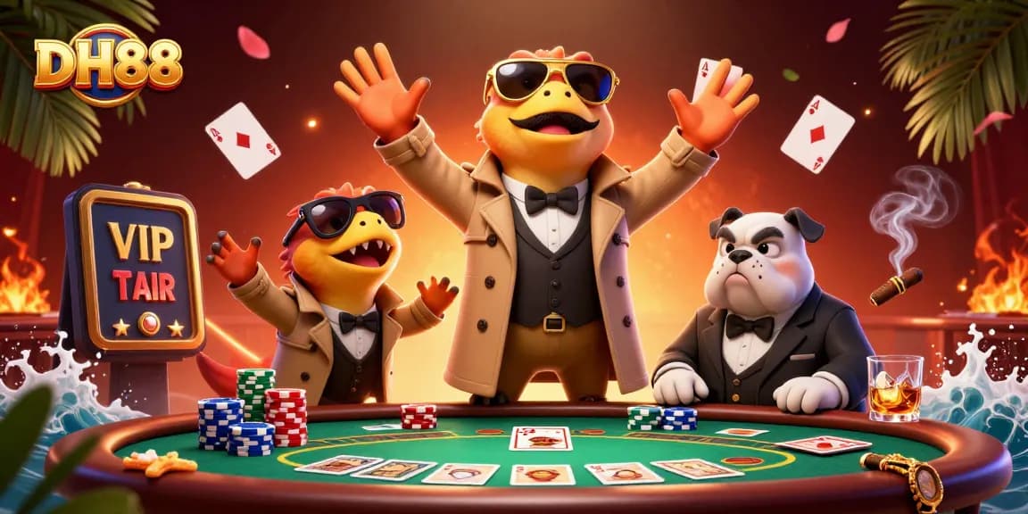 Join the fun at DH88 with raptors in disguise, enjoying a lively casino scene!