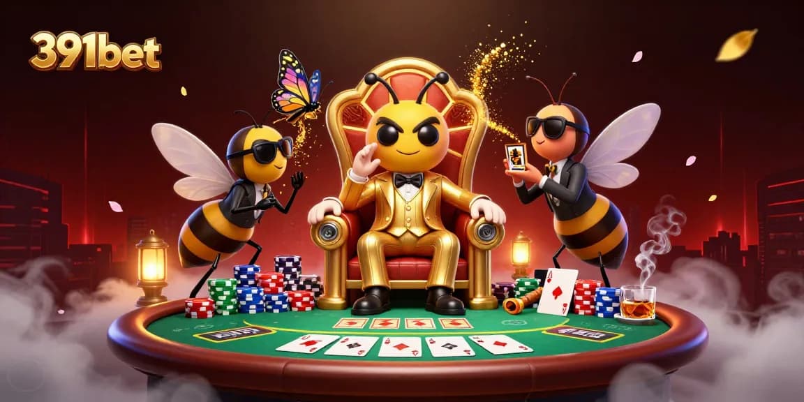 Experience thrilling games at 391bet with a vivid scene depicting a lively poker atmosphere and rich game elements.