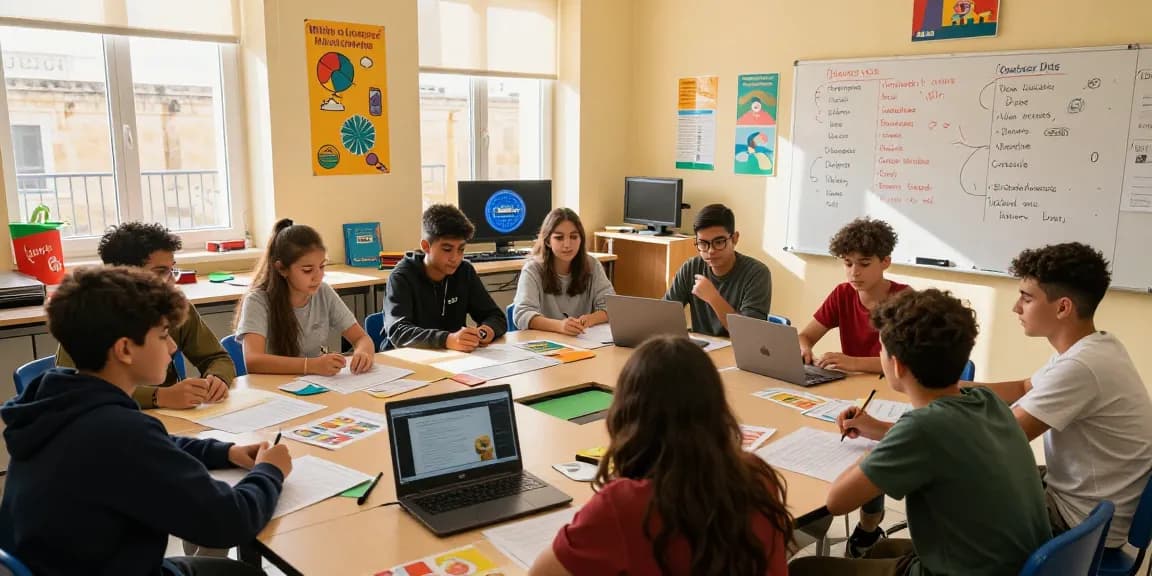 Estudiantes involucrados en cursos de inglés en Malta en un aula vibrante realizando actividades interactivas de lenguaje.