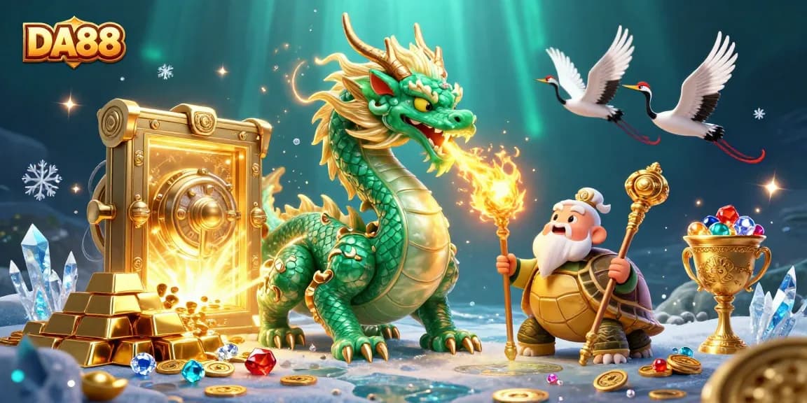 Experience DA88 with a captivating 3D dragon scene surrounded by treasures and vibrant gaming elements.