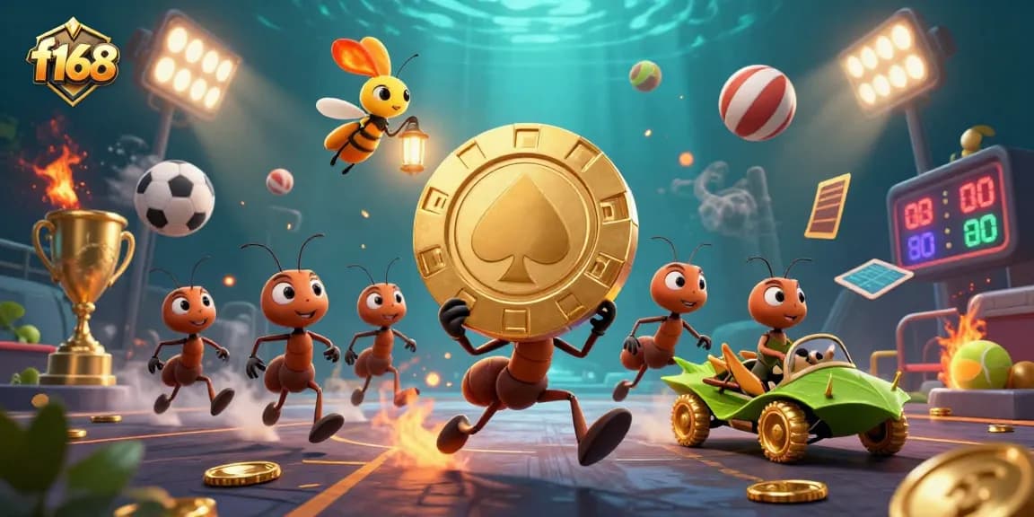 Engage with advanced betting strategies at f168 while playful ants carry poker chips in a vibrant casino-themed scene.
