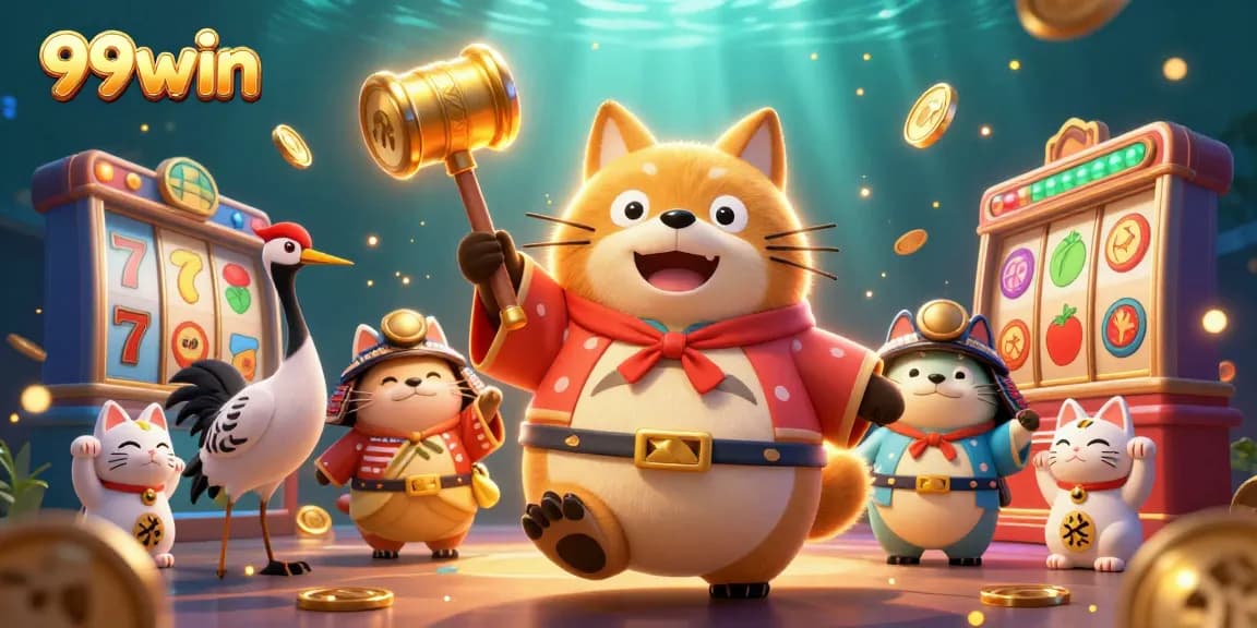 Experience exciting winning moments with the 99win casino characters surrounded by vibrant slot gaming elements.