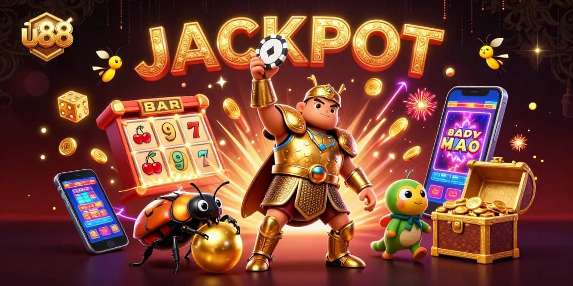 Spin to win at u88 with a victorious beetle character and vibrant casino elements.
