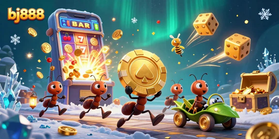 BJ888's dynamic casino scene showcases ants heisting poker chips amidst vibrant slot machine action.