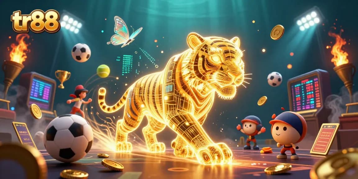 Engage in thrilling gaming experiences with tr88, featuring a neon tiger and dynamic sports elements.