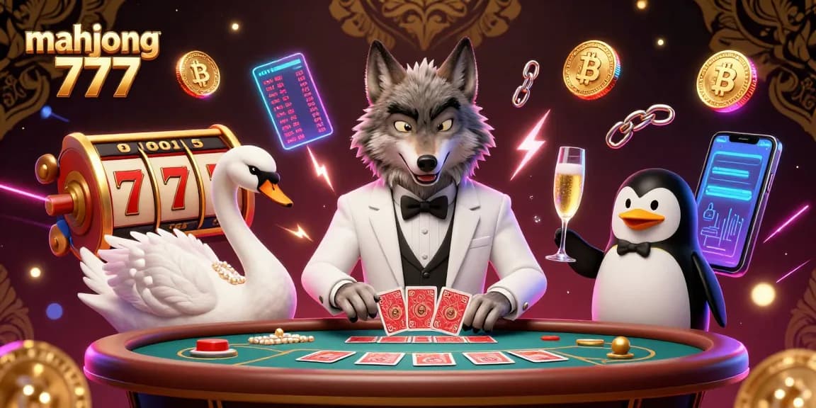 Enjoy an exciting game with mahjong 777 featuring characters at a baccarat table combined with neon crypto elements.