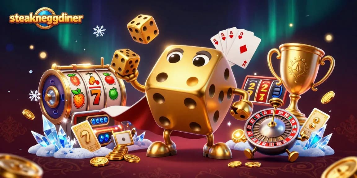 Engage with steakneggdiner's dynamic casino scene featuring golden dice and slot elements.