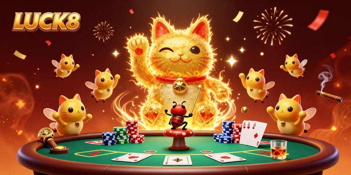 Win big with LUCK8 at this vibrant casino illustration featuring a lucky cat and golden fireflies.