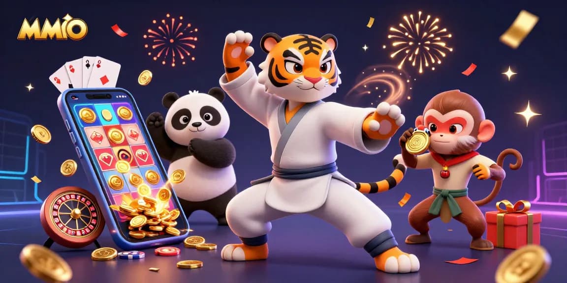 Engage with MMOO's vibrant casino world featuring a kung fu tiger master and playful characters surrounded by dynamic gambling elements.