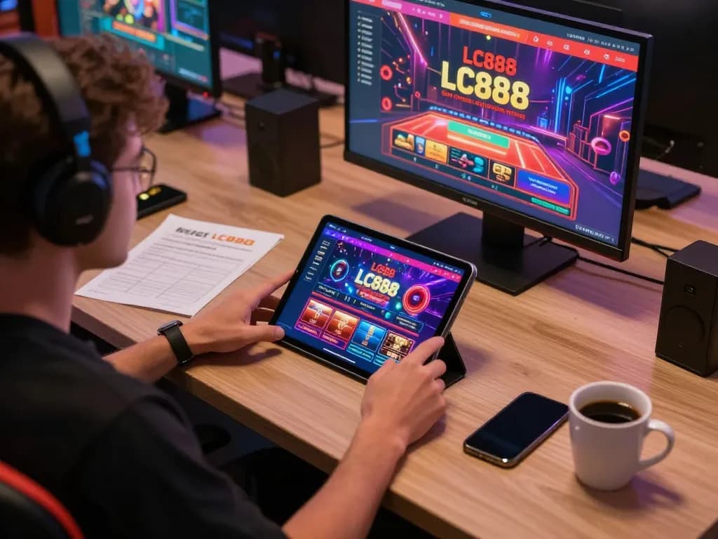 Engaging with LC888 online casino on tablet while managing bets and strategies in a modern gaming setup.