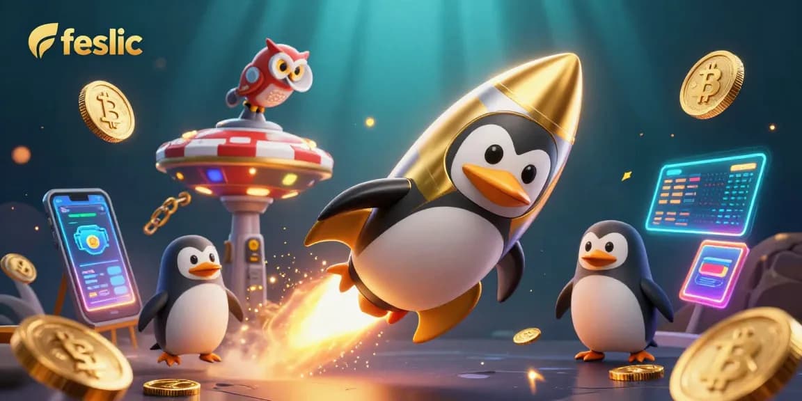 feslic powered penguin flies towards a vibrant crypto casino space with gold coins and neon elements