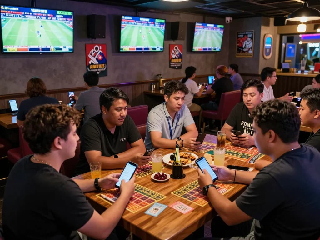Kèo Nhà Cái 5 sports betting excitement in a lively bar with patrons engaged.