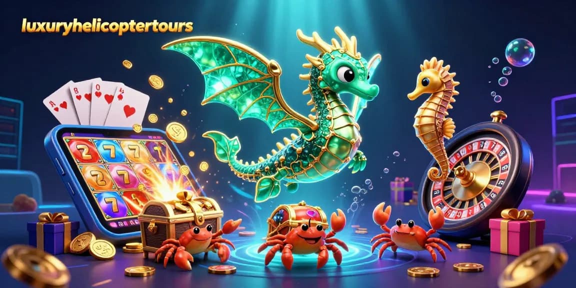 Experience thrilling luxuryhelicoptertours as a majestic sea dragon guards vibrant casino elements in a dynamic scene.