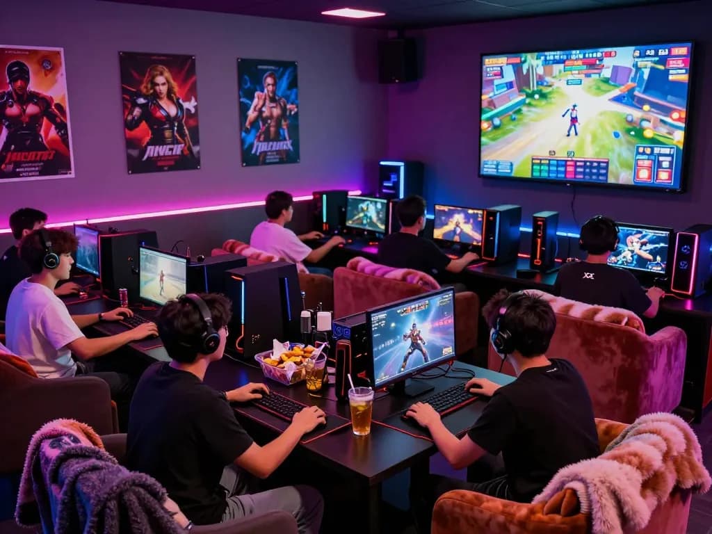 Players immersed in interactive xxx games in a lively gaming lounge.