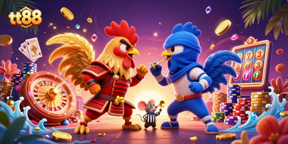 Experience the thrill of tt88 with dynamic fighting roosters amidst a vibrant casino atmosphere.