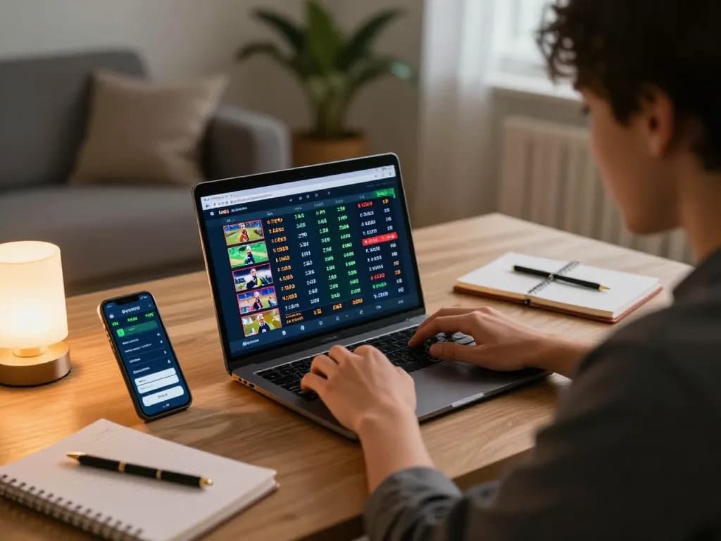 Kèo Nhà Cái Hôm Nay - A focused bettor engaged in online sports betting on a laptop with live odds.