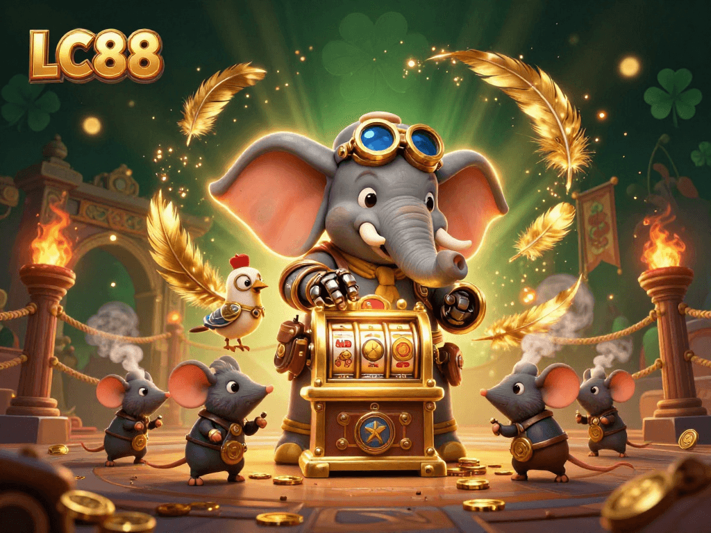Spin the LC88 slot machine with a steampunk elephant engineer amidst a vibrant casino scene.