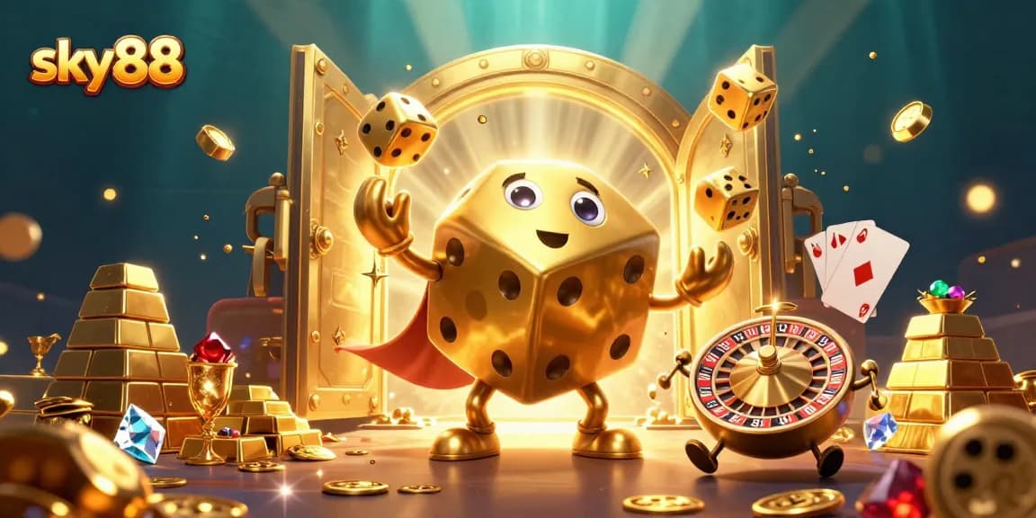 Experience exciting gaming adventures with sky88's golden dice golem and vibrant treasures.
