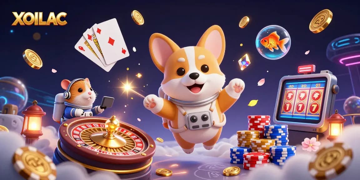 Xoilac showcases an astronaut corgi in a vibrant casino scene, highlighting online gambling excitement.