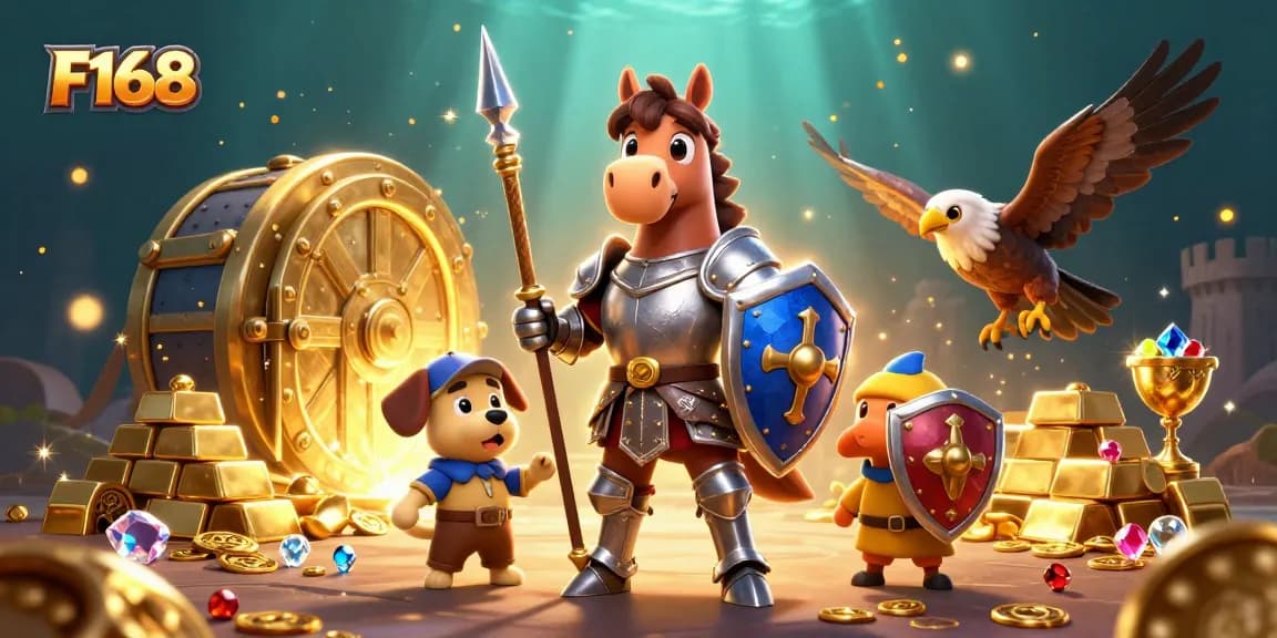 Experience thrilling adventures with F168, as a medieval knight and companion explore treasures in an enchanting casino realm.