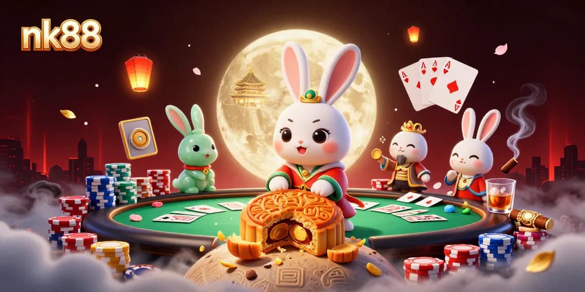 Experience the thrill of nk88 with a moon rabbit celebrating poker wins amidst vibrant casino elements.