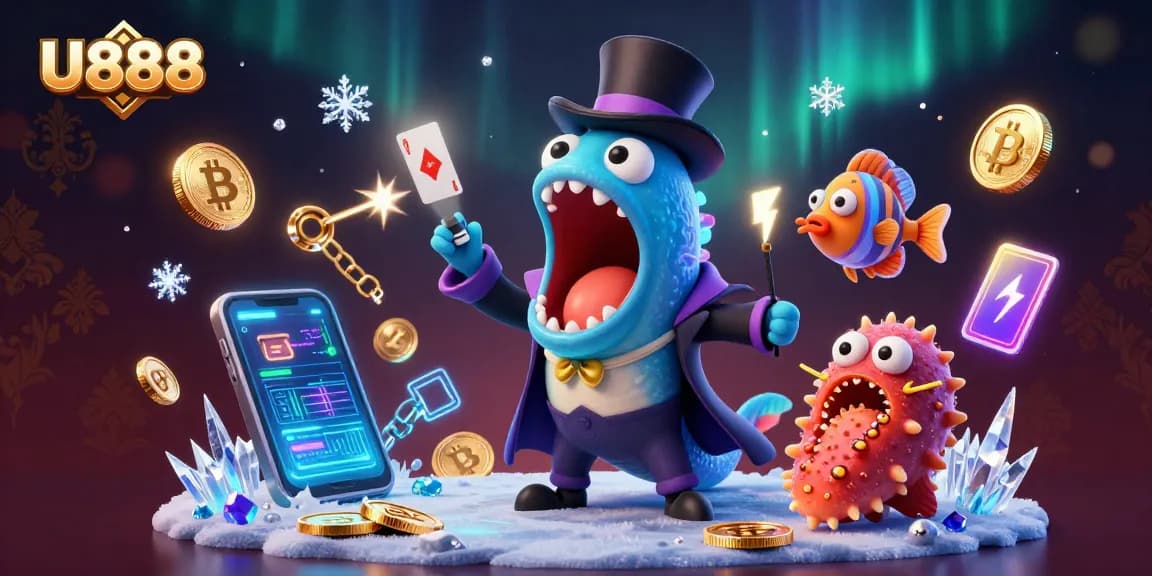 Experience the thrill of U888 with vibrant elements of online gambling in an engaging 3D illustration.