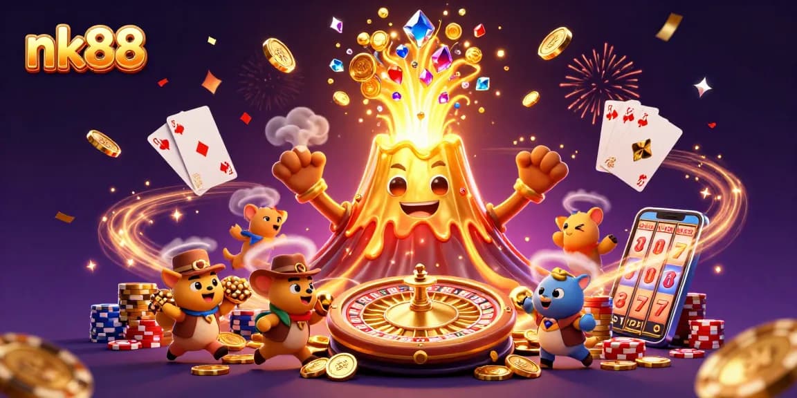 Experience thrilling wins at nk88 with vibrant casino action in a dynamic 3D illustration.