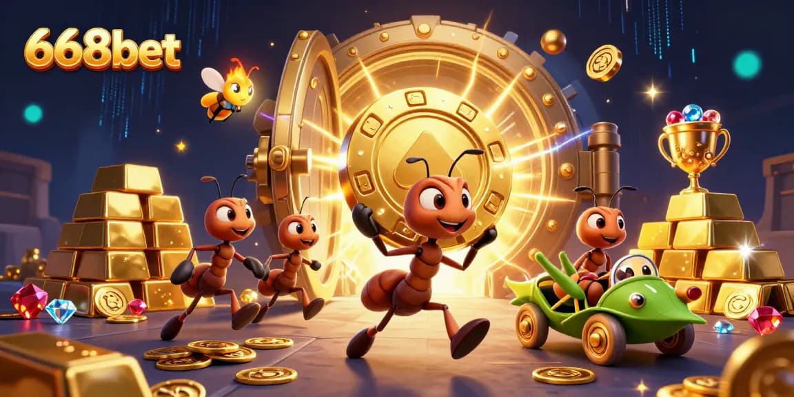 Engage with 668bet's thrilling games while watching cartoon ants and friends in a vibrant casino heist scene.