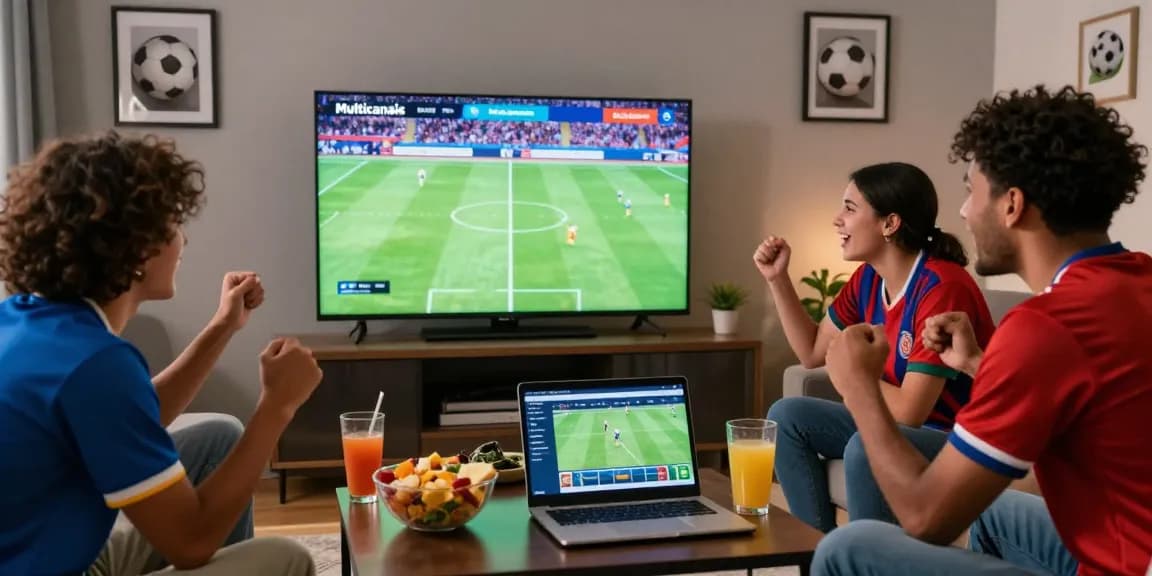 Friends enjoying a live football match on Multicanais with snacks and drinks.