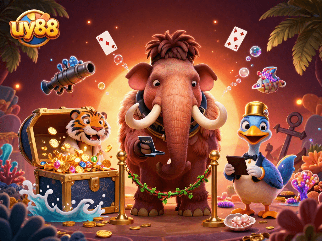 Experience excitement at UY88 casino with vibrant colors, golden treasures, and dynamic characters!