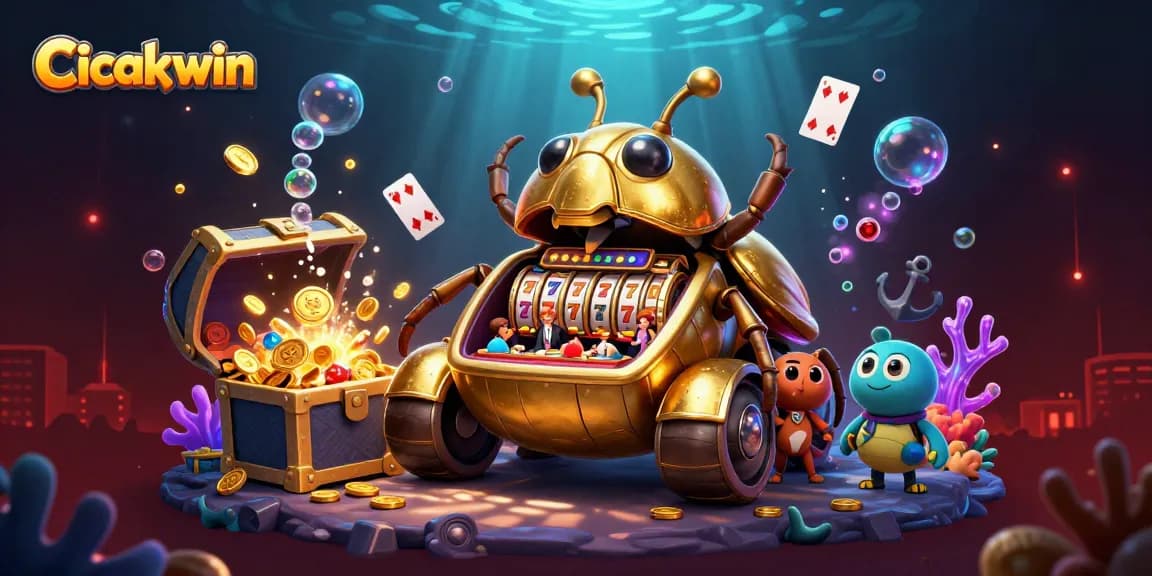 Cicakwin showcases a vibrant, high-energy casino scene inside a golden beetle tank with animated gaming features.