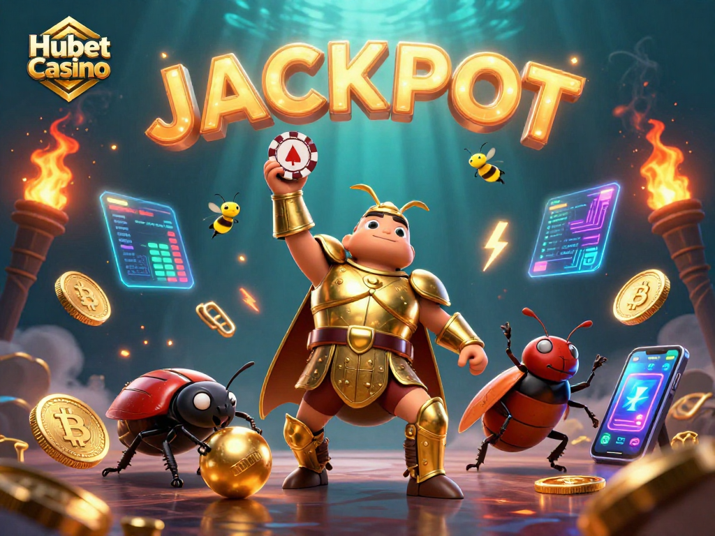 Join the excitement at Hubet Casino with a dynamic 3D illustration featuring lucky elements and vibrant gameplay.