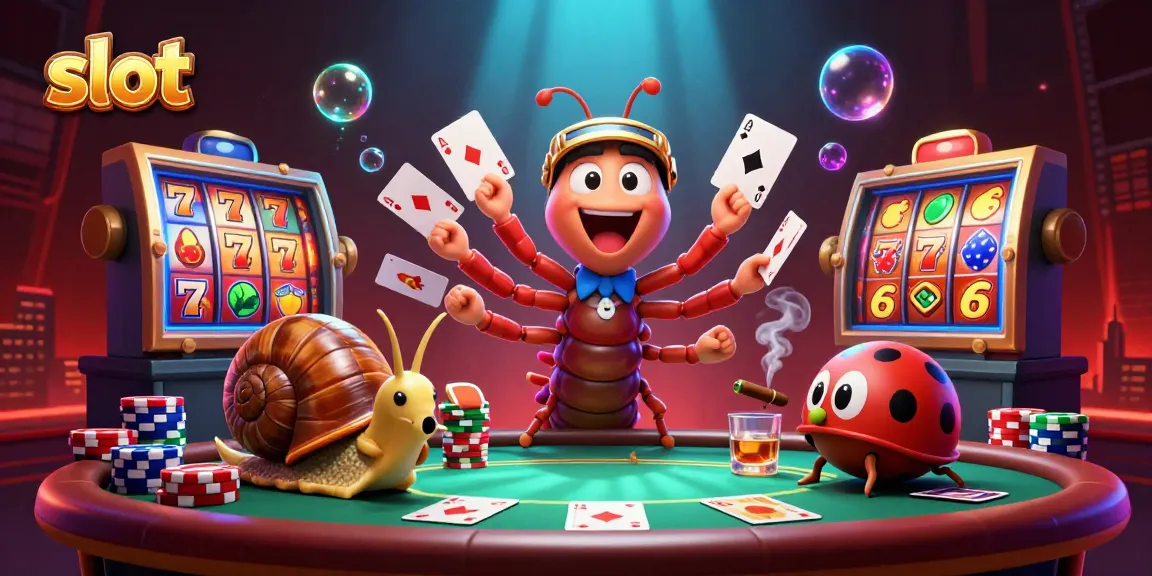 Spin vibrant slot reels surrounded by lively casino characters and colorful poker elements.
