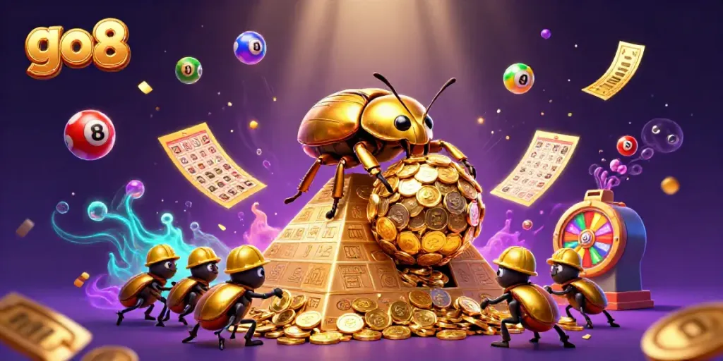 Engage with the golden coin adventures of go8, featuring a cartoon beetle and surprise lottery elements.