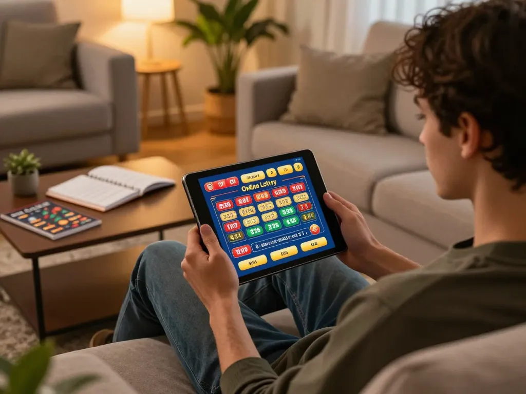 Engaging in online lottery betting with numbers displayed while relaxing at home.