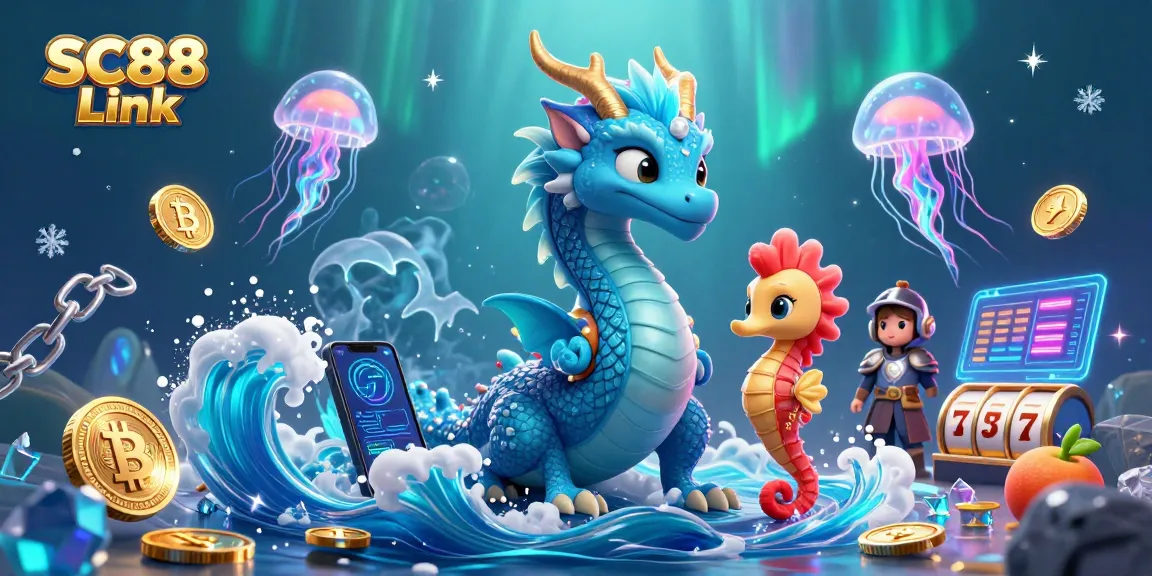 Engage with the thrilling SC88 Link experience featuring an azure water dragon in a vibrant casino setting.