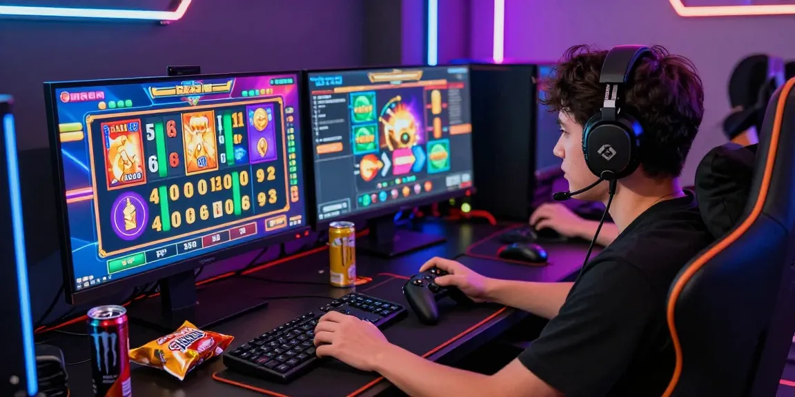 Pengguna bermain slot gacor dengan antusias di depan layar komputer, menampilkan grafik menarik dan kombinasi kemenangan.