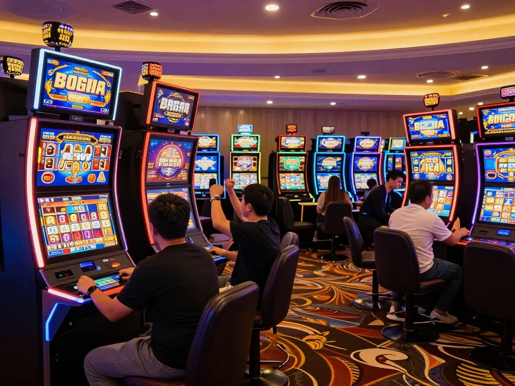 Pemain yang terlibat menikmati sensasi permainan slot gacor di suasana kasino yang meriah.