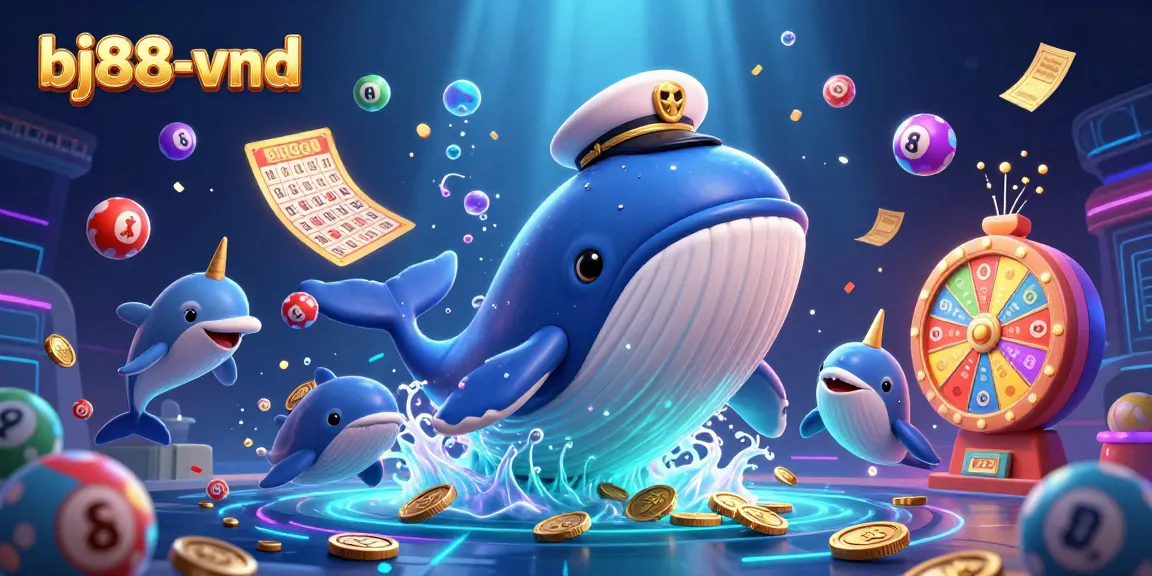 Engage with the lively casino atmosphere at bj88-vnd featuring a whale, narwhal, and dolphins amidst shimmering coins.