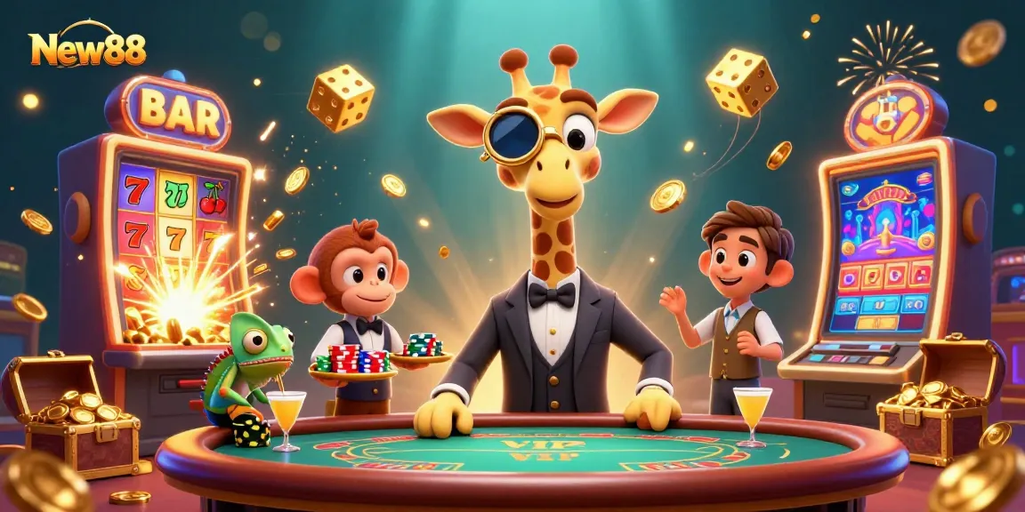Win big with New88 at an exciting 3D casino scene filled with vibrant characters and thrilling games.