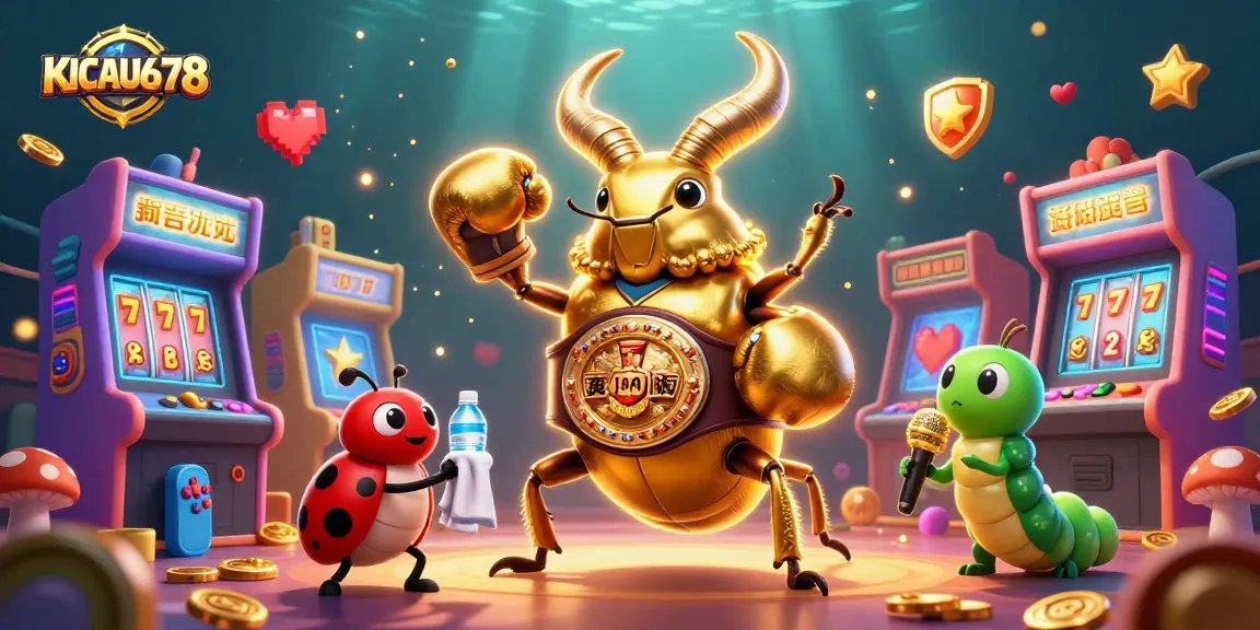 KICAU678 showcases an exciting casino atmosphere with a golden stag beetle boxing champion surrounded by gaming elements.