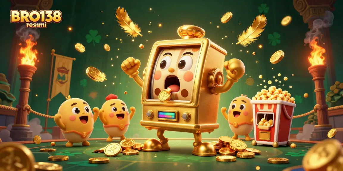 Experience the thrilling slots at BRO138 resmi, where a golden slot machine hits the jackpot amidst dynamic casino elements.