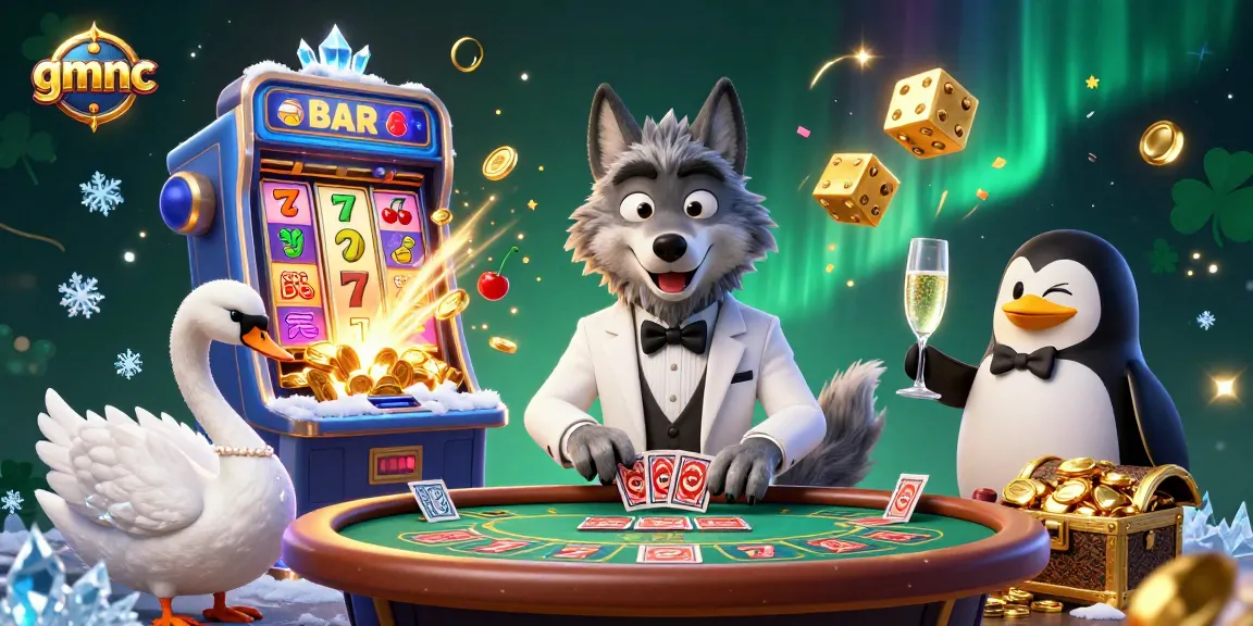 Experience the excitement of gmnc with a 3D illustration of a wolf, swan, and penguin at a vibrant casino scene.