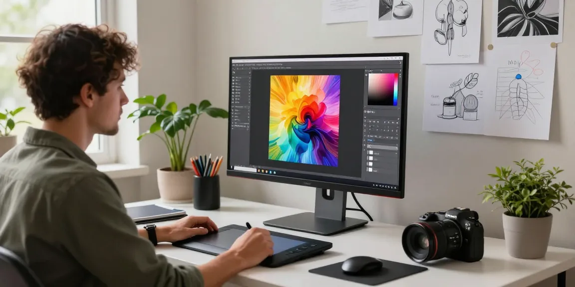 Graphic designer using image to image editing tools in a vibrant digital workspace.