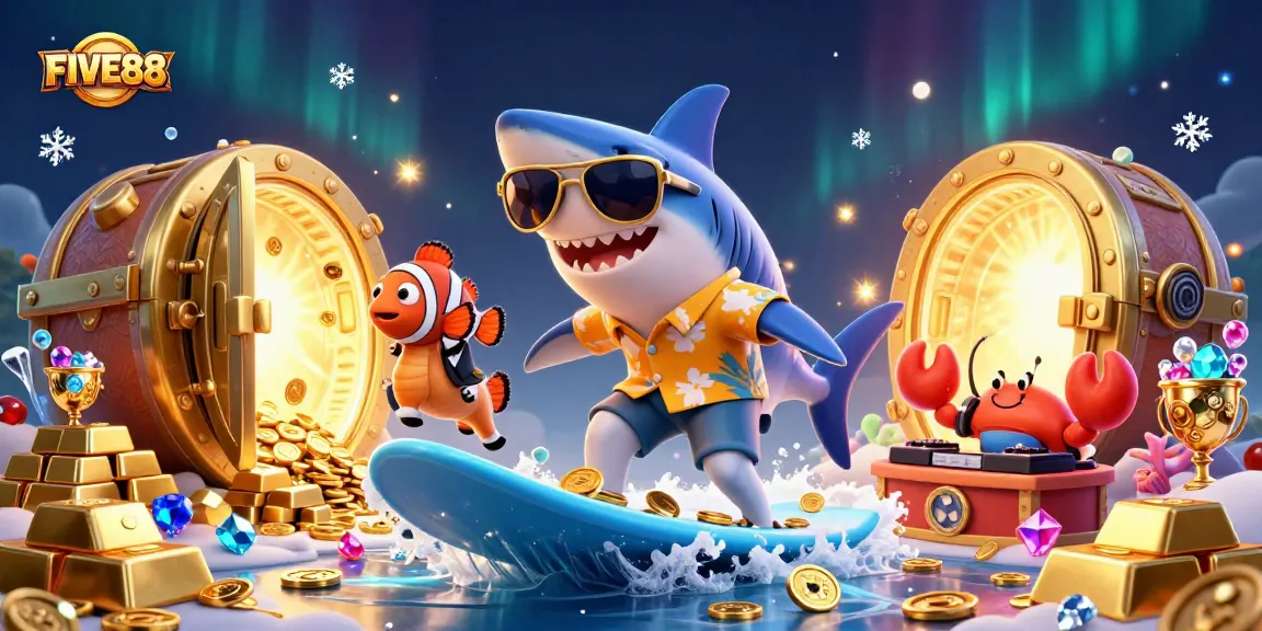 Join the fun at FIVE88 with a vibrant casino scene featuring animated characters and treasure.