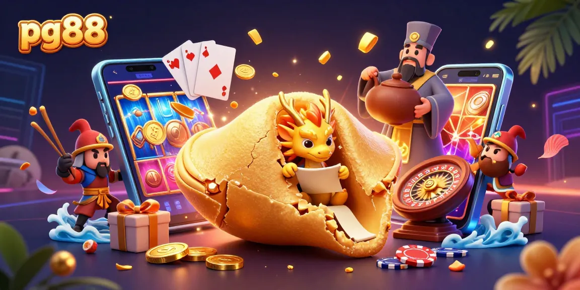 Spin exciting jackpots with pg88, featuring a golden fortune cookie and gaming elements in a vibrant scene.