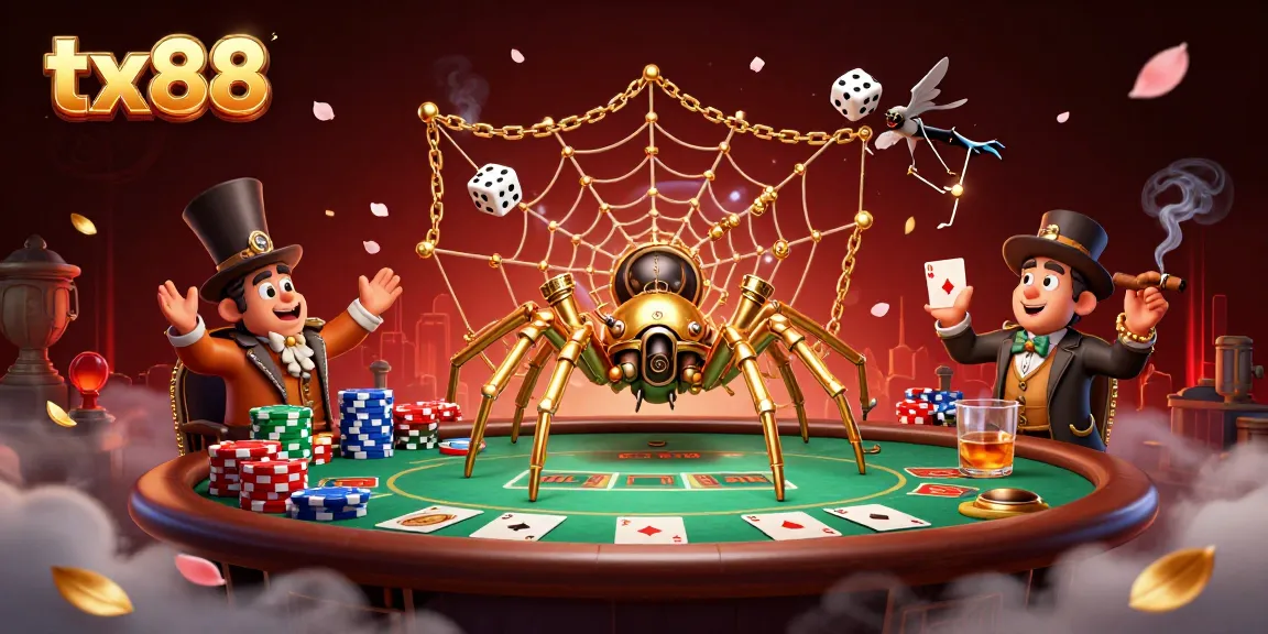 tx88 showcases a steampunk spider ensnaring dice while enveloped in a vibrant casino atmosphere.